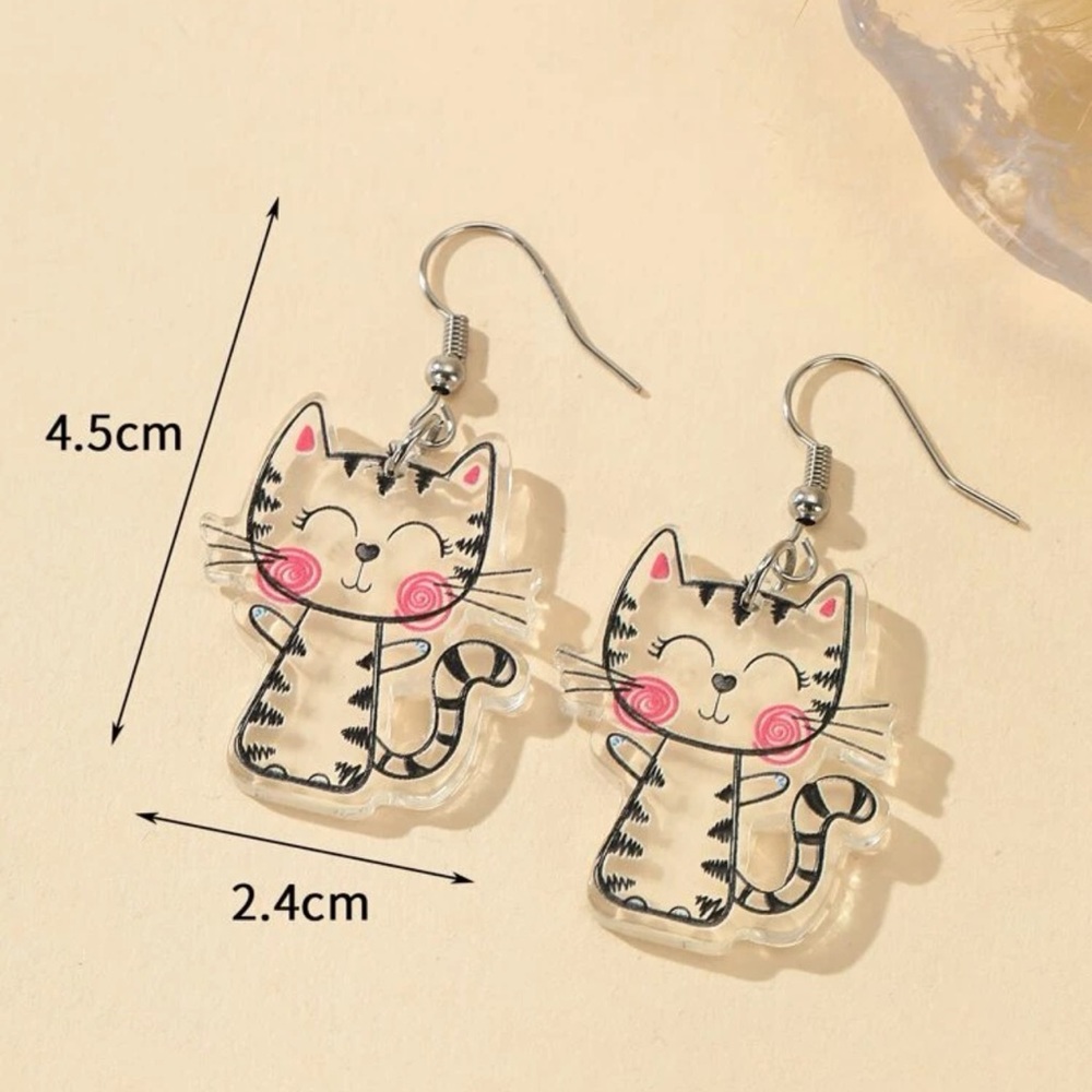 π Adorable Large Kitty Cat Line Drawn Scribble Clear Drop Earrings πββ¬ - Picture 3 of 4